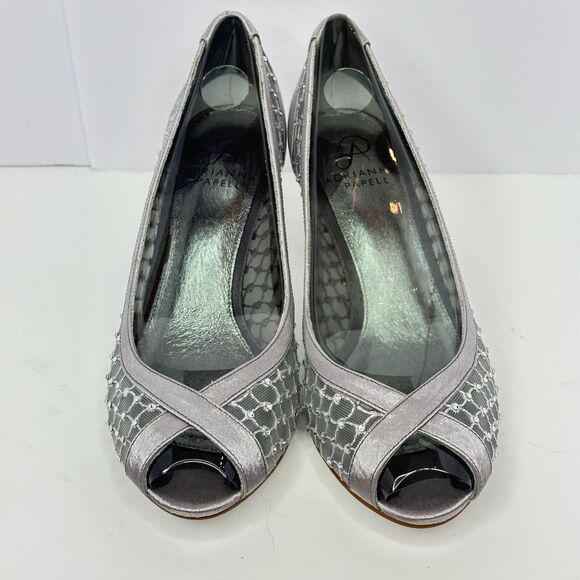 Adrianna Papell Womens Silver Mesh Peep Toe Kitten Heel Slip on Pumps - Picture 2 of 5
